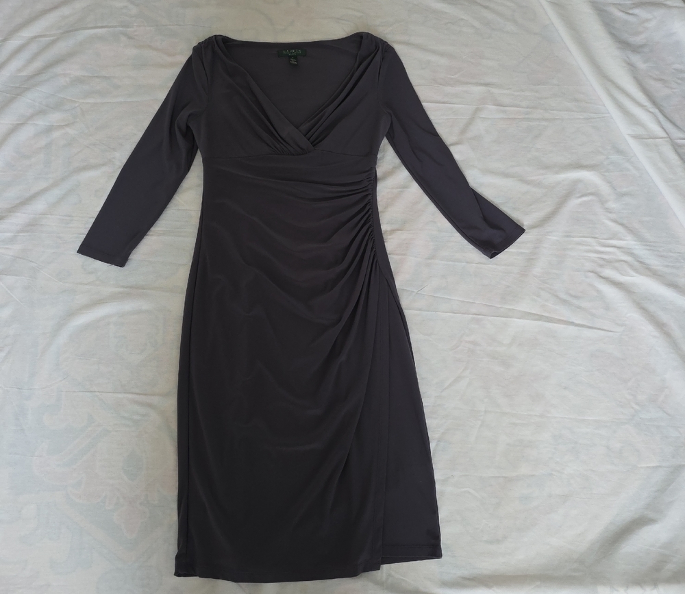 Ralph Lauren Charcoal V‑Neck Ruched Midi Dress